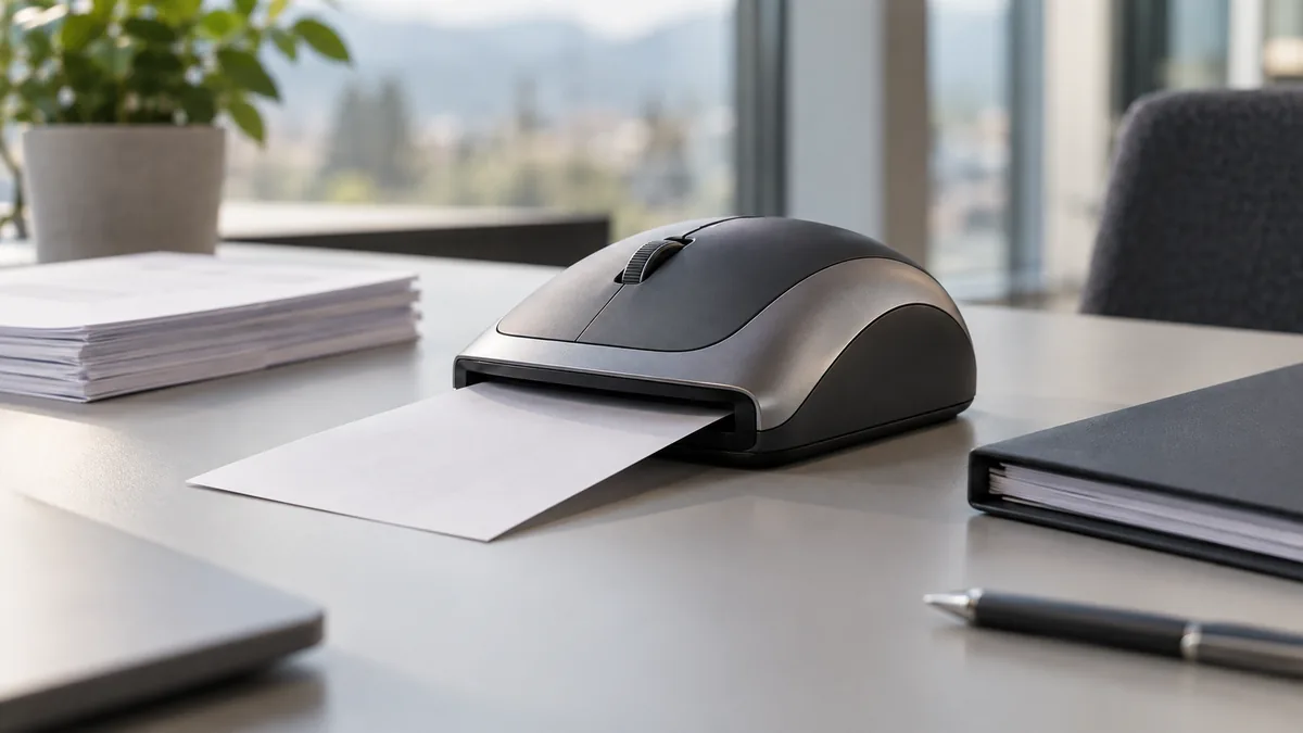 Computer mouse with scanner function beside documents in a Swiss office