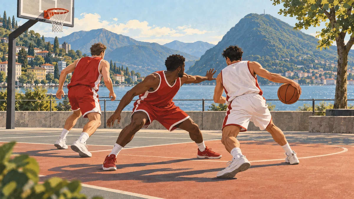 Joueurs de Pallacanestro Varese en action défensive sur un terrain extérieur à Lugano avec le lac et les montagnes en arrière-plan