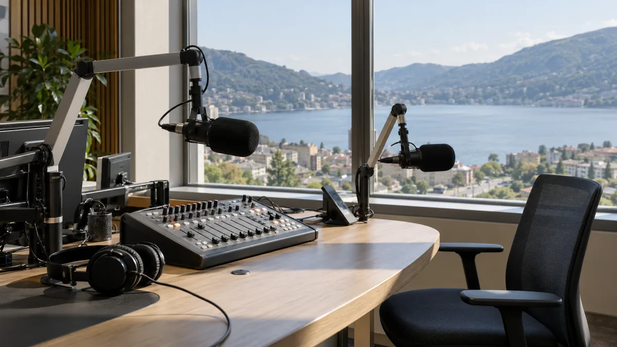 Studio radio avec vue sur le lac de Lugano, micros et matériel sous la lumière de l'après‑midi.