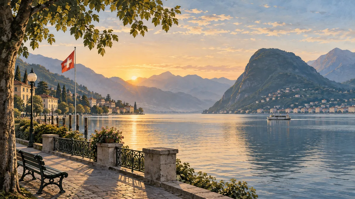 Seeblick von Lugano bei Sonnenaufgang