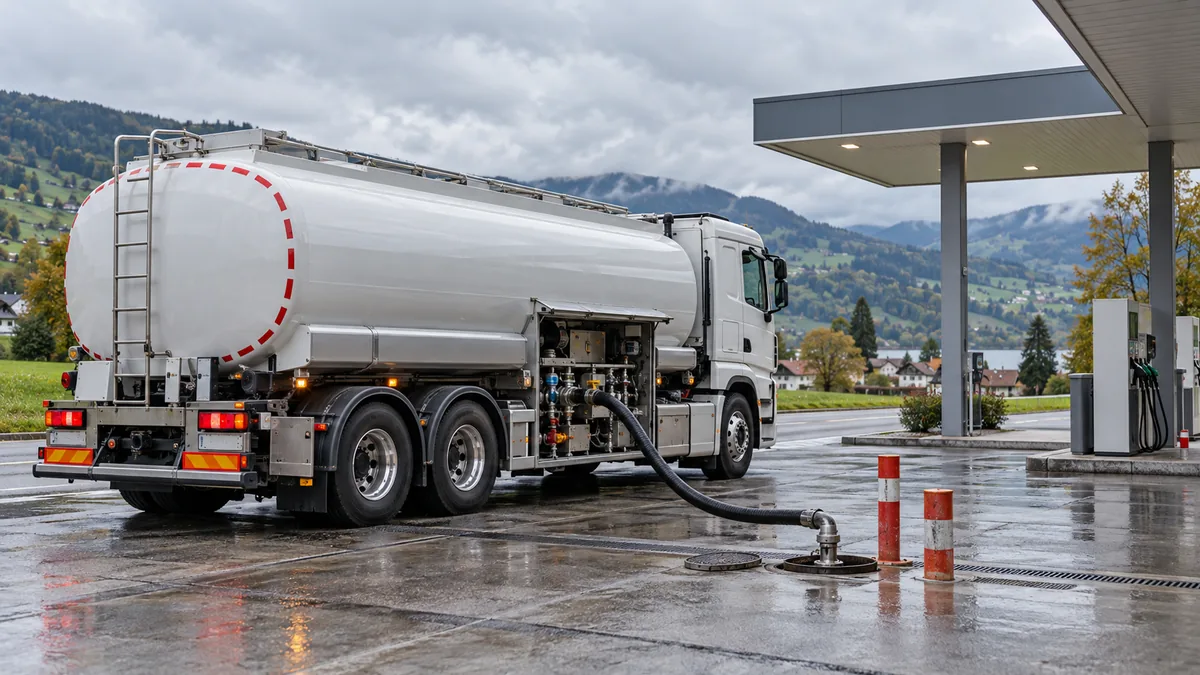 Pompe à essence en Suisse avec camion-citerne en arrière-plan