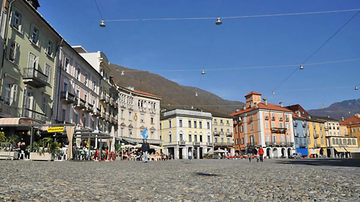 Film set in Locarno with lake and mountains in the background